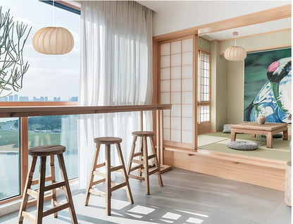 Japanese pumpkin-shaped wooden chandelier, 27cm diameter, 17cm height, covering 10-15㎡ with Nordic style