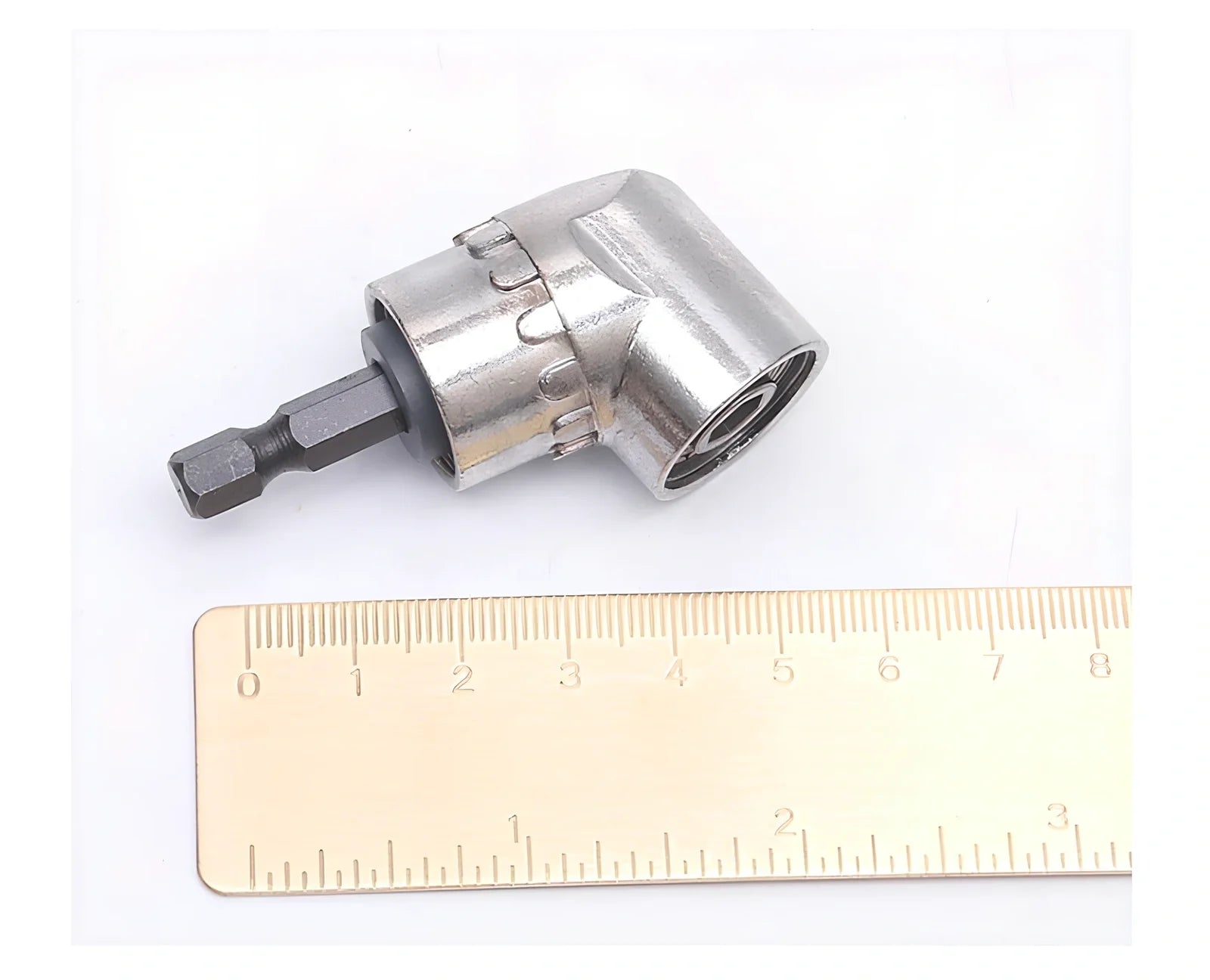 Universal flexible shaft adapter with 105-degree angle and magnetic bit lock for confined space screw access