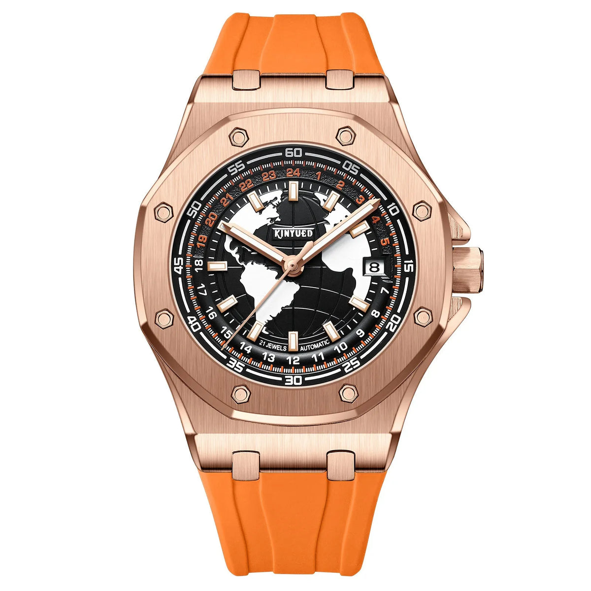 Automatic men's hollow mechanical watch with stainless steel strap, round alloy case, 30m waterproof, Black Blue Orange