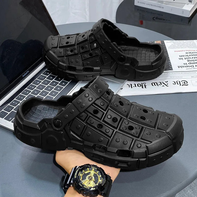 Men's sand-coloured EVA slippers with thick non-slip sole and toe-holder design.