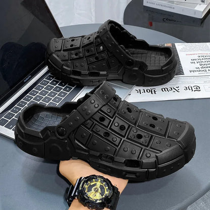 Men's sand-coloured EVA slippers with thick non-slip sole and toe-holder design.