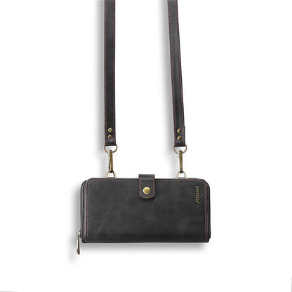 Detachable wallet backpack phone case in black, blue, brown, or red for iPhone and Samsung Galaxy models
