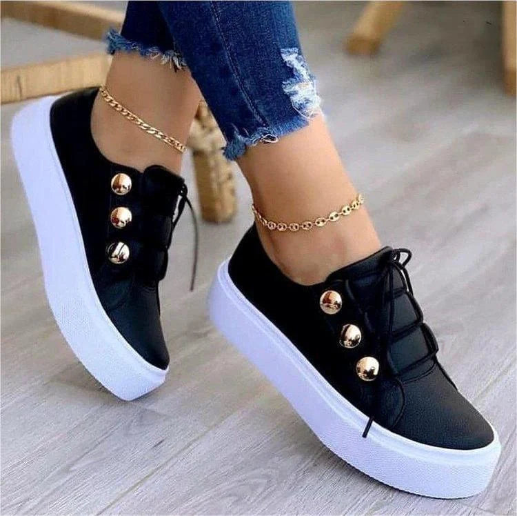 Women's Rivet Lace-up Flats Sneakers in white, black, gold, and rose gold