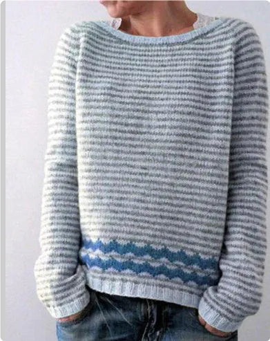 Women's loose round neck acrylic pullover sweater in geometric and stripe prints, sizes S-5XL, 50cm length