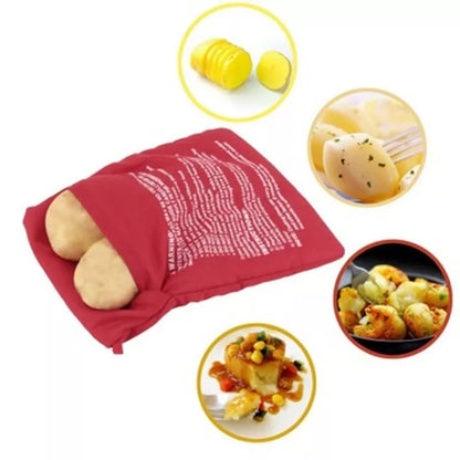 Red washable microwave cooker bag for quick potato cooking, 26.5 x 19.5 cm