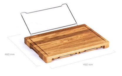 Bamboo cutting board with plastic storage trays for meal prep and organization
