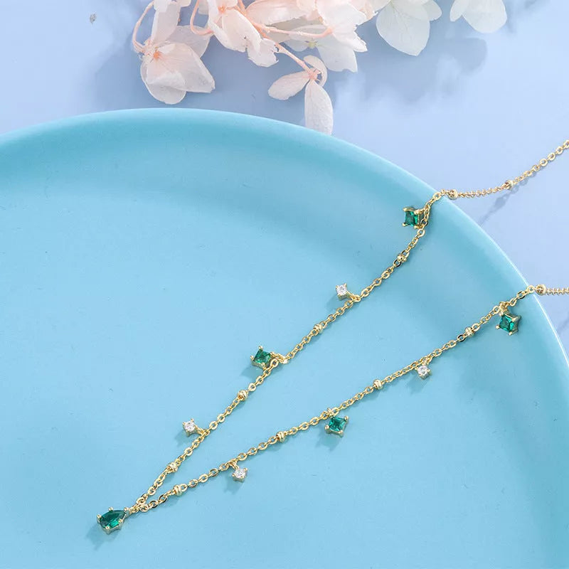 Korean style water drop emerald zircon necklace with sterling silver chain