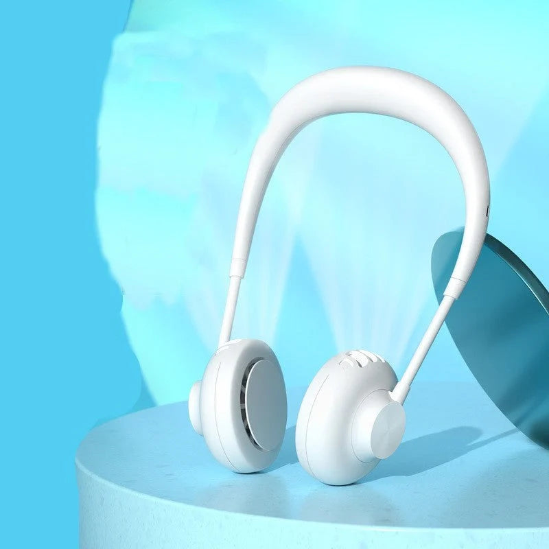Bladeless neck fan in various colors with USB charging cable