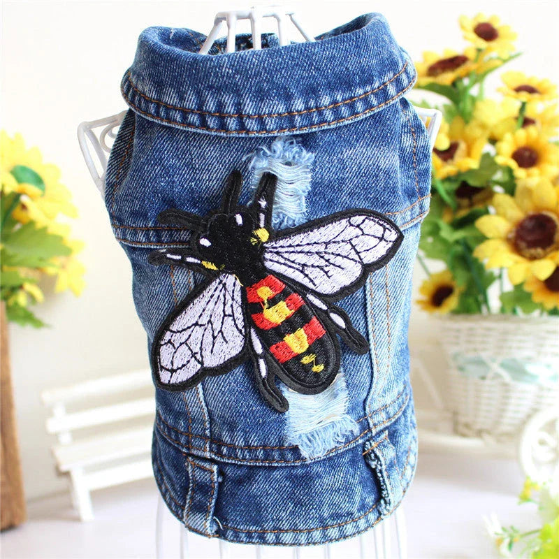 Stylish denim dog jacket with customizable options like hoods, fringes, and patterns for fashionable pet wear