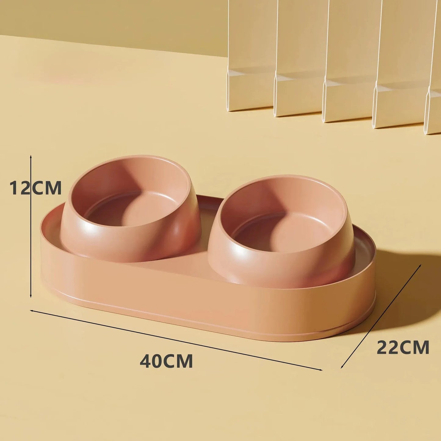White elevated pet double bowl feeder with tilted food and water bowls on a non-slip stand.