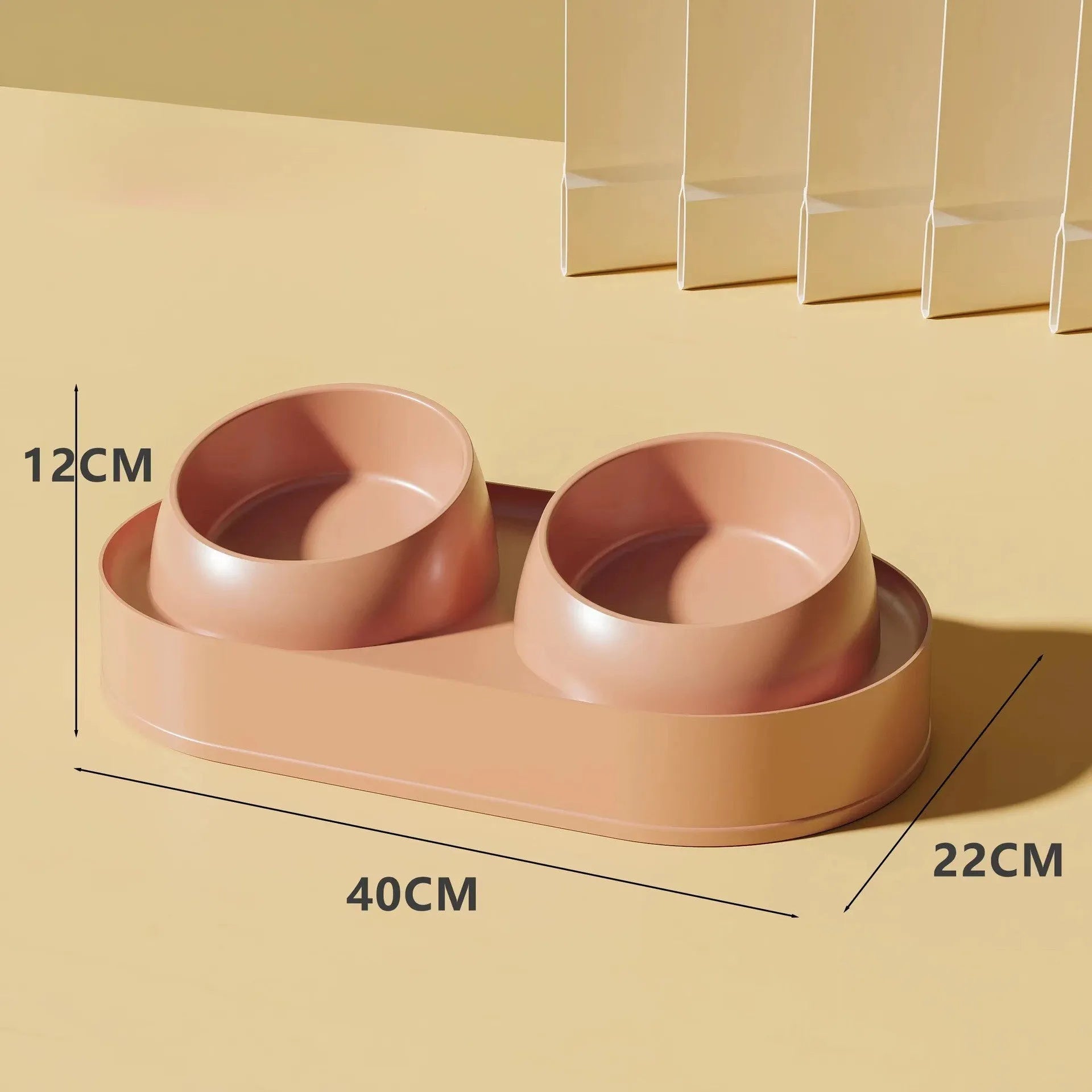 White elevated pet double bowl feeder with tilted food and water bowls on a non-slip stand.