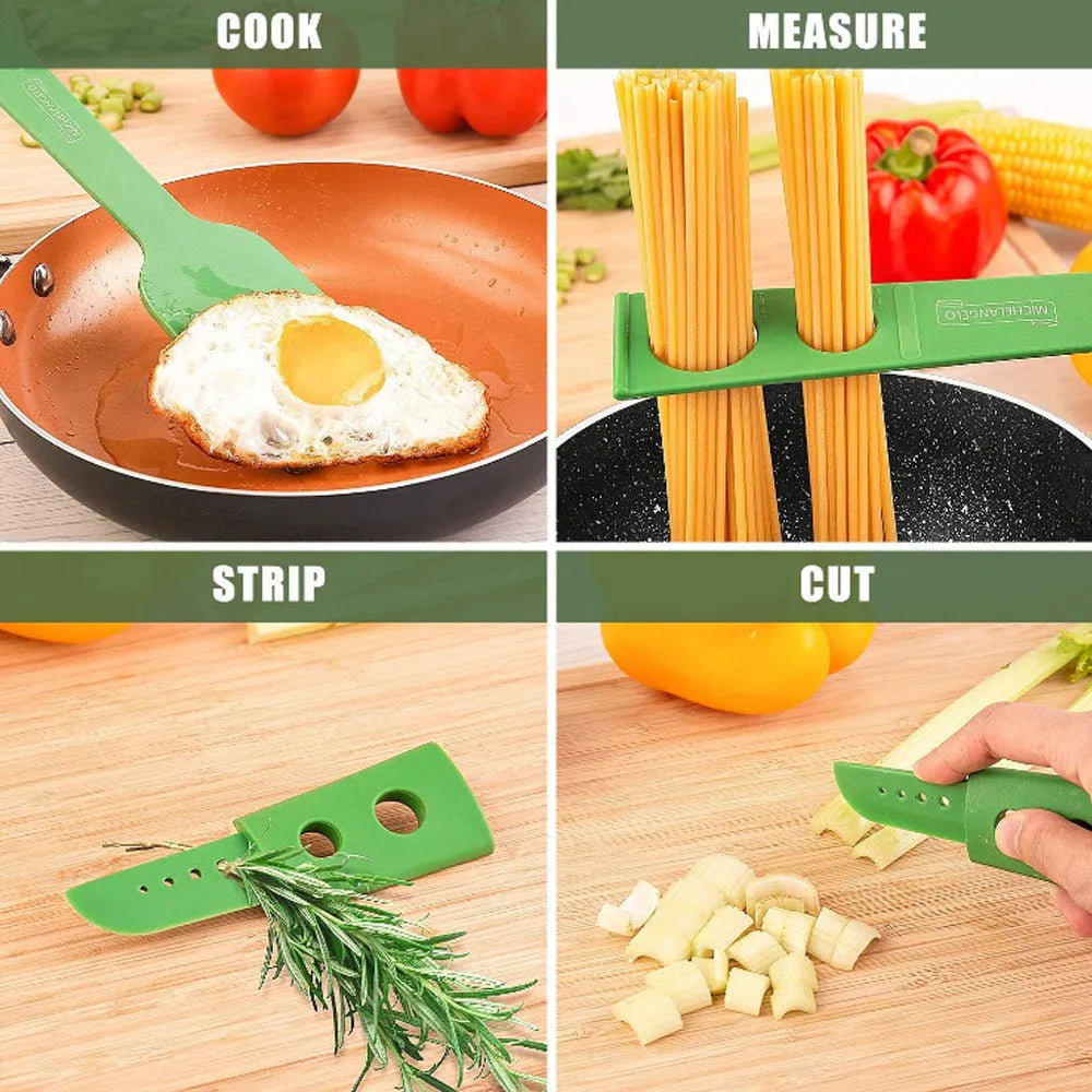 Plastic kitchen shovel and spaghetti spoon set with measurements shown