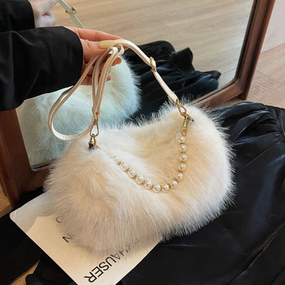 Stylish women's pearl chain crossbody bag in various colors for autumn and winter fashion
