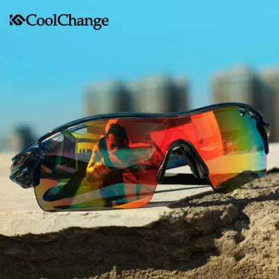 Kugai 0093 polarized cycling glasses in gray, red, and yellow for UV protection