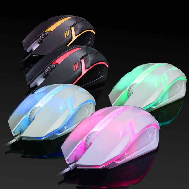 Wired computer mouse with luminous glow in black or white, showing USB cable and three buttons