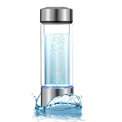 Portable hydrogen water cup in silver with borosilicate glass, showing electrolysis bubbles and romatic light, 3-minute generation