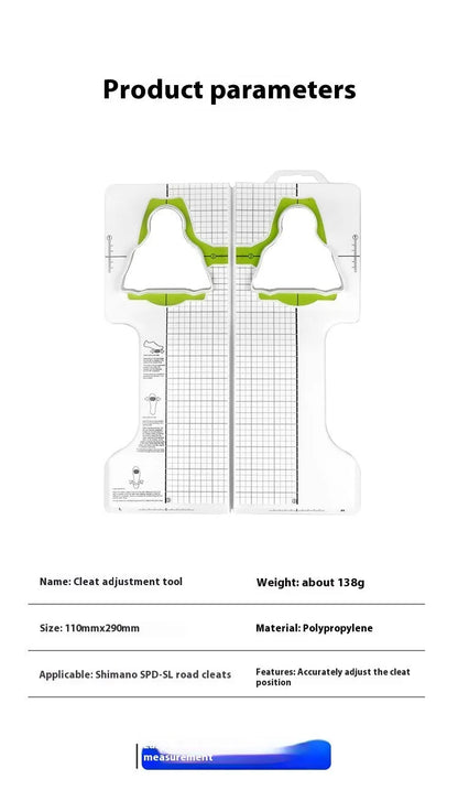 Locking plate adjustment tool for bicycle cleats on a workbench.