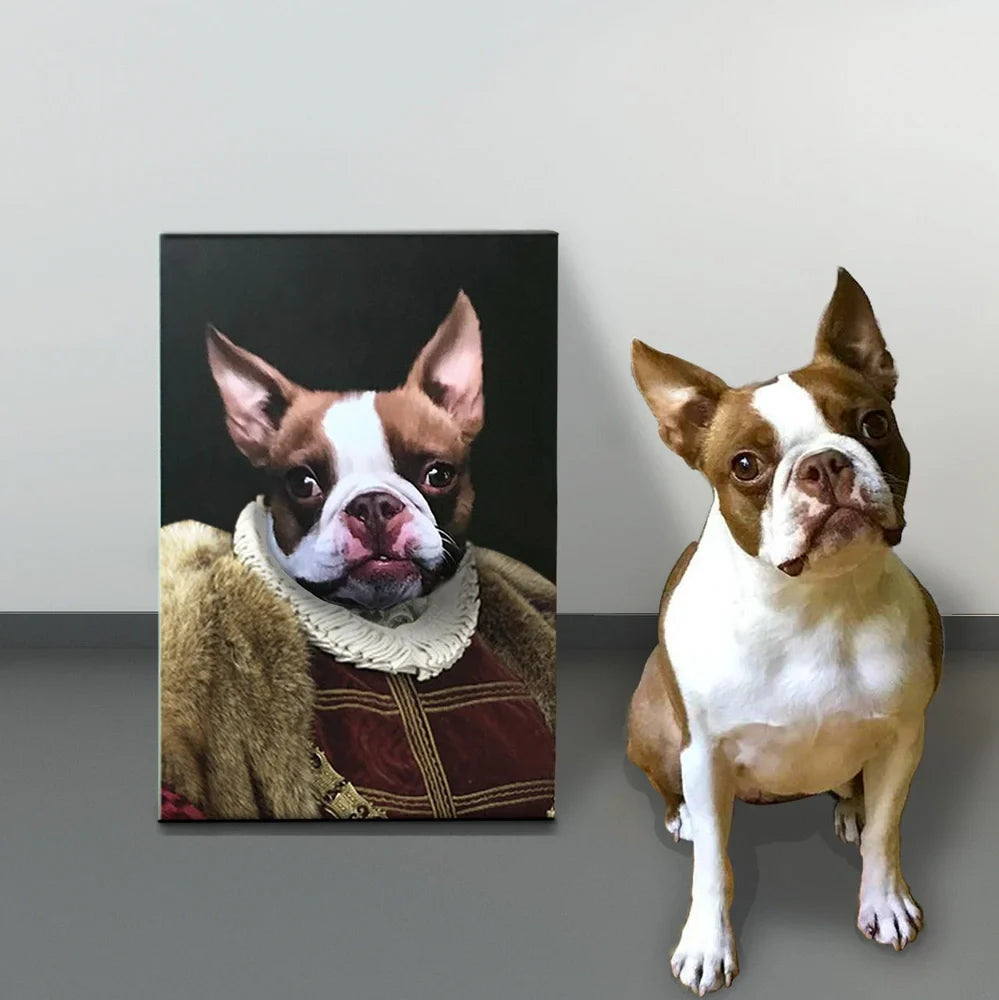 Personalised pet canvas portrait showing Renaissance-style transformation with frameless mounting