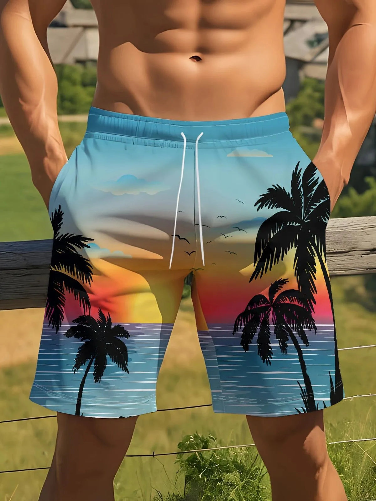 Men's micro-elastic quick-drying swimming trunks in polyester fabric showing colour and fit details