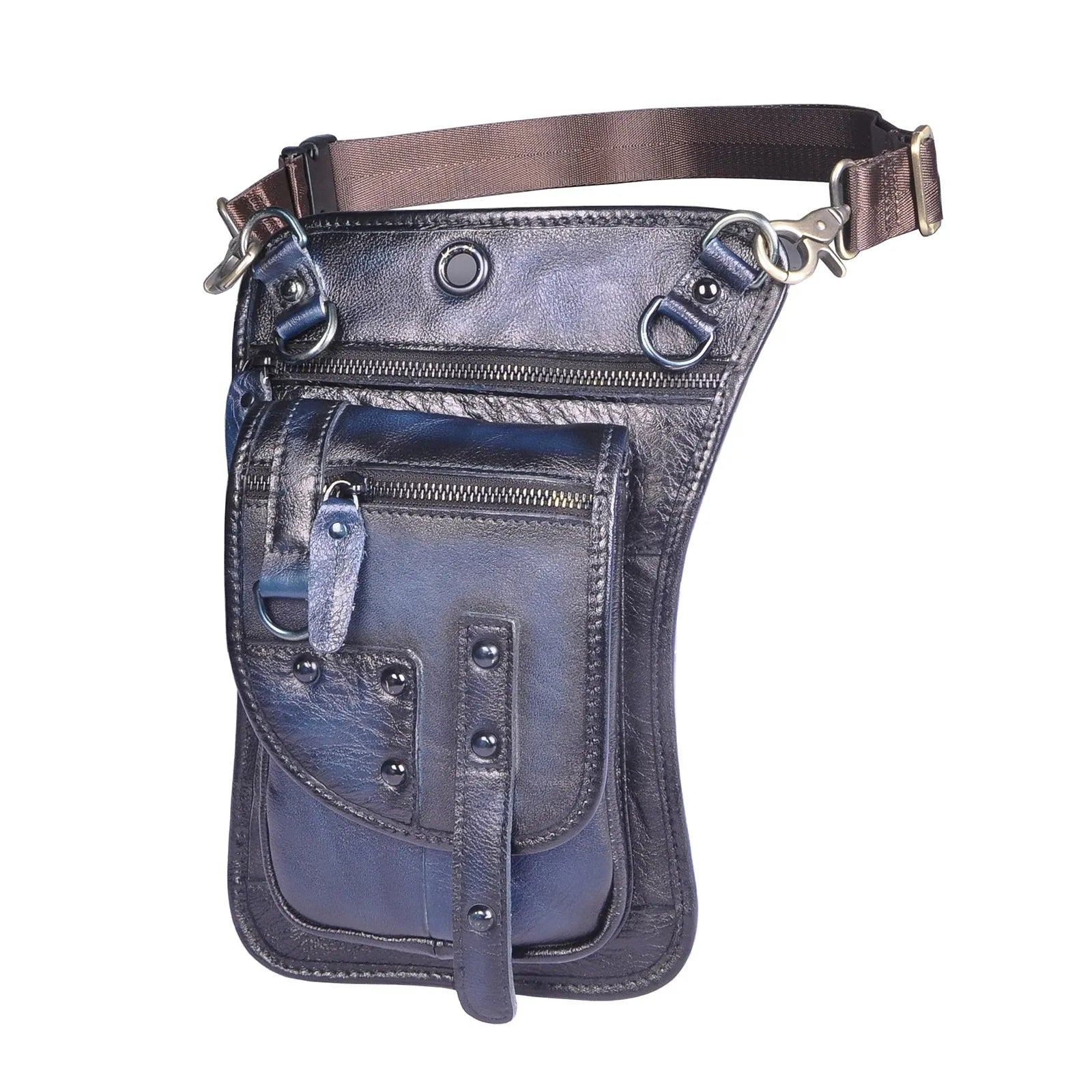 Men's black punk fanny pack with cowhide leather, zipper closure, and internal phone and ID compartments.