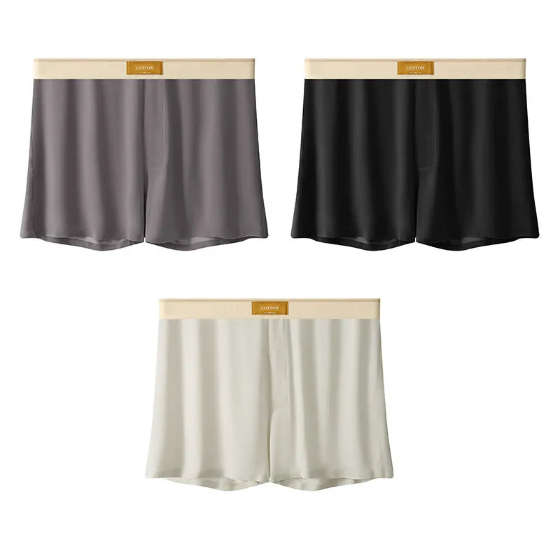 Men's loose-fit Ice Silk nylon underwear in a three-pack, showing colour options like black, green, and grey.