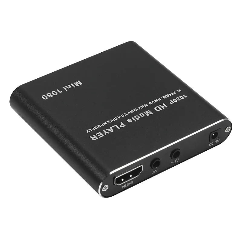 Black or blue 1080P Full HD media player with HDMI port, SD card slot, and USB inputs.