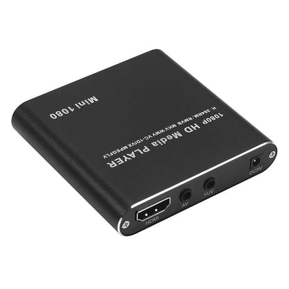Black or blue 1080P Full HD media player with HDMI port, SD card slot, and USB inputs.
