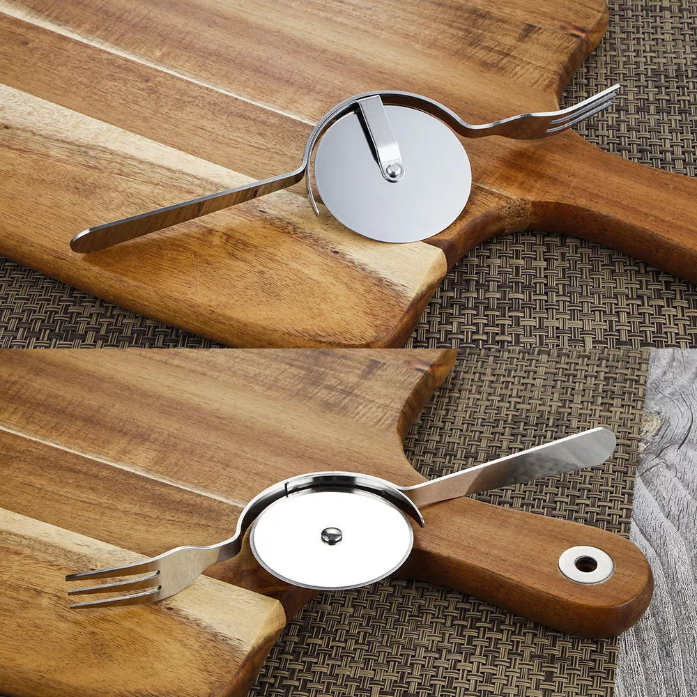 Stainless steel cake cutter with knife and fork set for precise slicing