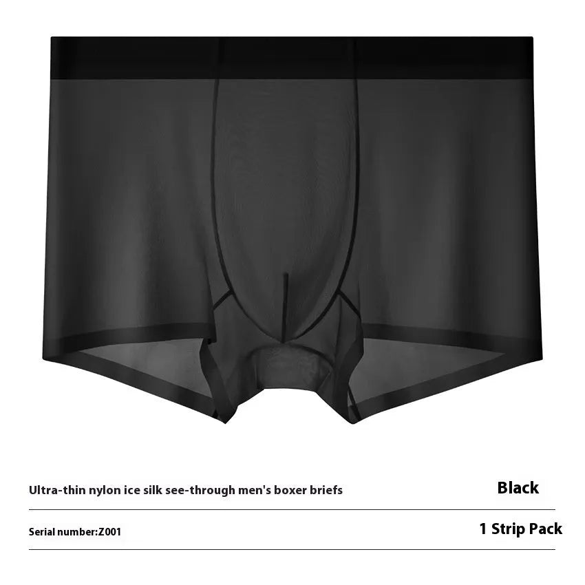 Men's ultra-thin ice silk boxer briefs in purple, shown flat to highlight seamless design.