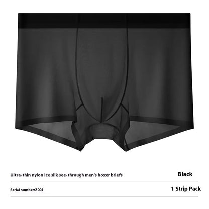 Men's ultra-thin ice silk boxer briefs in purple, shown flat to highlight seamless design.
