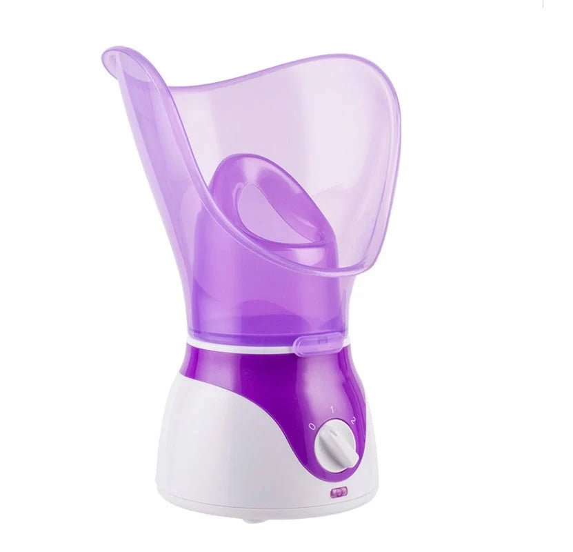 Purple facial steamer with dual conical cones for deep pore cleansing and nasal steam therapy
