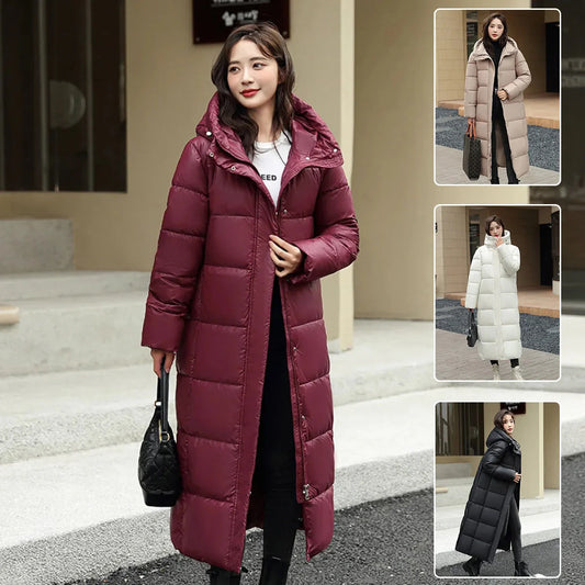 Women's long winter down puffer coat in black, dark red, white, and khaki colors