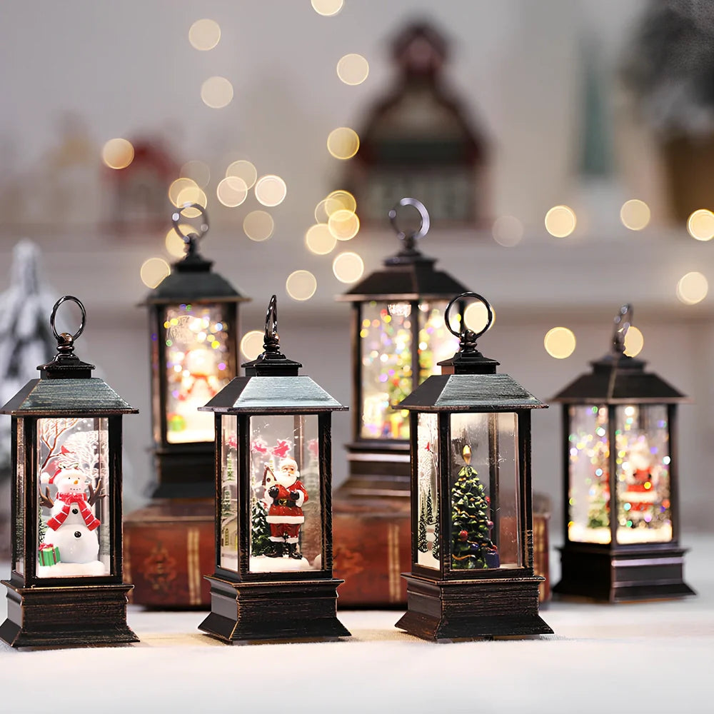 Compact 13cm Christmas LED flame small oil lamp in snowman motif on wooden shelf, square plastic base with flickering electronic light