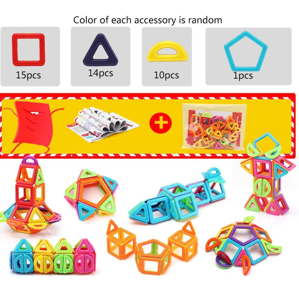 Magnetic building blocks in multiple colours arranged in geometric construction