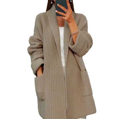 Women's Lapel Knitted Cardigan with Pockets in Loose Fit