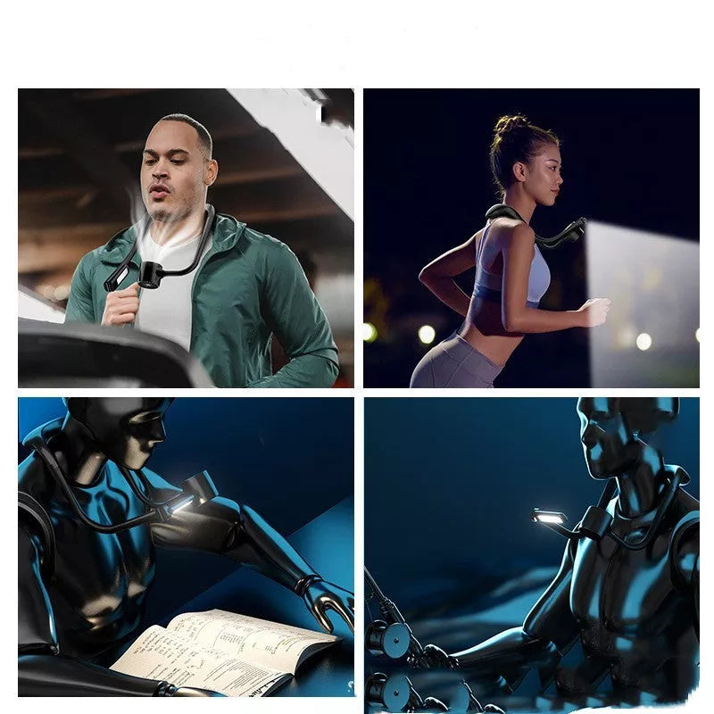 Lazy Hanging Neck Fan with USB charging port and built-in light, available in white and black