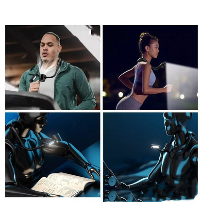 Lazy Hanging Neck Fan with USB charging port and built-in light, available in white and black