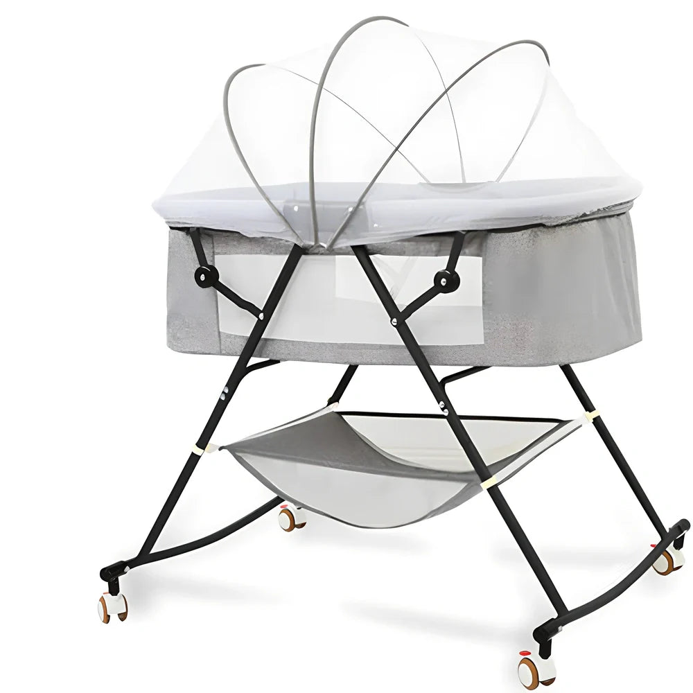 European foldable baby crib with mosquito net showing 54.5cm width and roller wheels