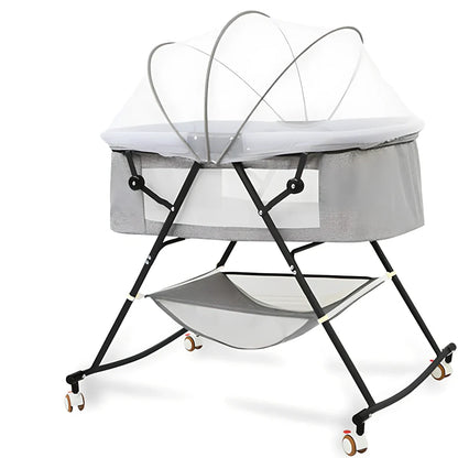 European foldable baby crib with mosquito net showing 54.5cm width and roller wheels