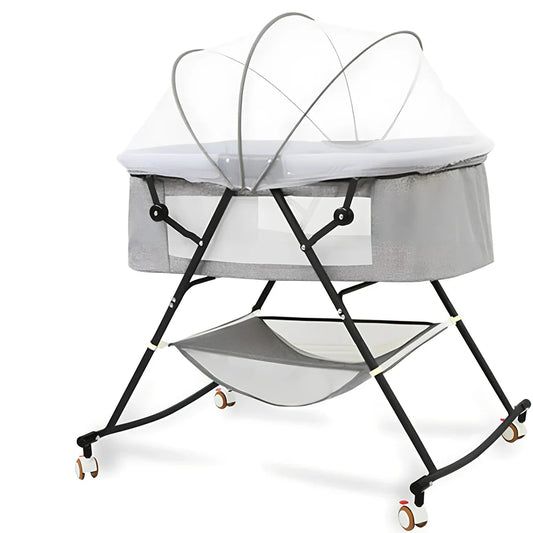 European foldable baby crib with mosquito net showing 54.5cm width and roller wheels