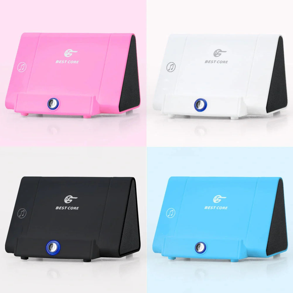 Compact high-volume subwoofer in pink, white, blue, and black
