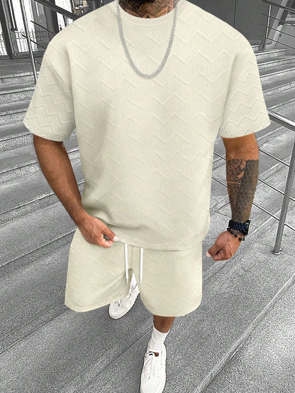 Men's short sleeve shorts suit with 3D digital printed pattern in polyester blend fabric