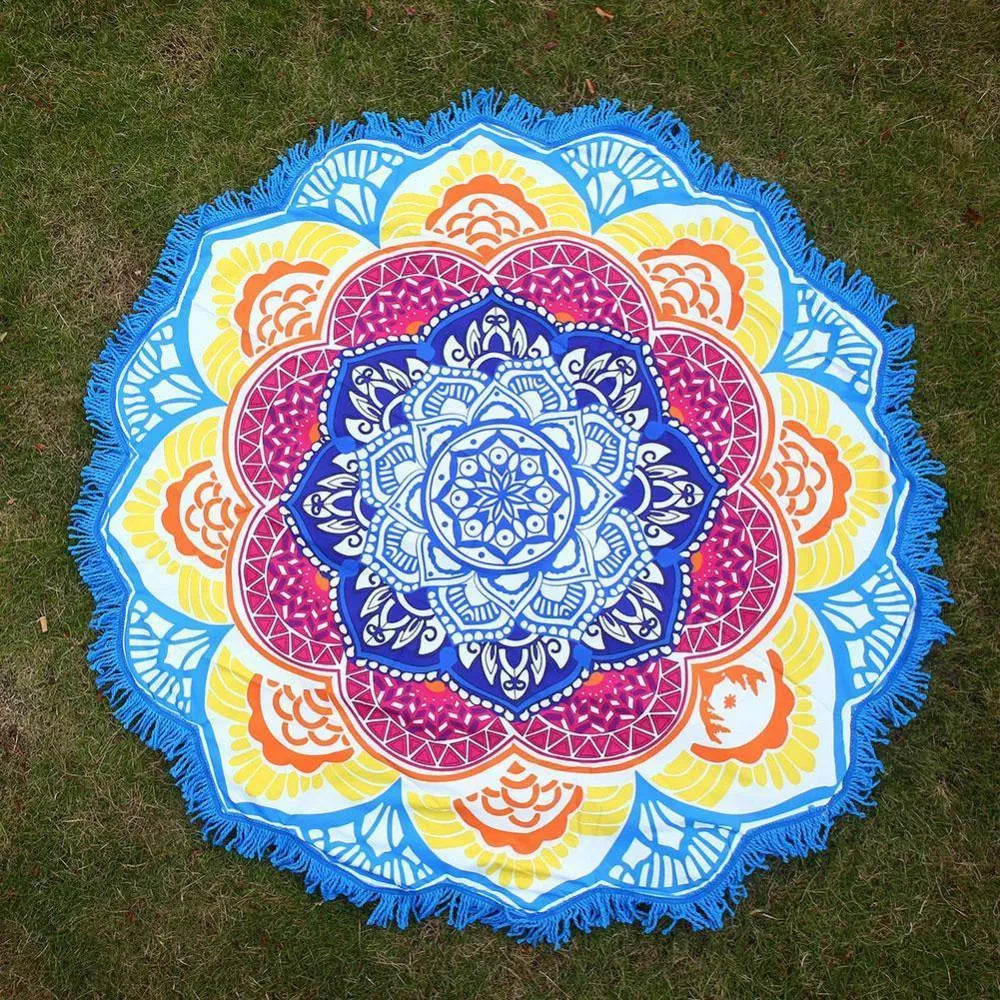 Round printed polyester towel mat for beach, yoga, and home decor with vibrant 3D patterns