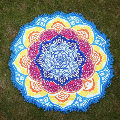 Round printed polyester towel mat for beach, yoga, and home decor with vibrant 3D patterns