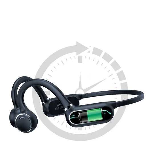 Black air conduction Bluetooth earphones with titanium alloy frame showing ear-hanging design and touch controls