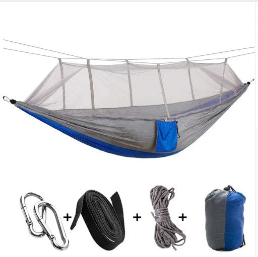 Lightweight and portable parachute hammock with mosquito net for outdoor relaxation
