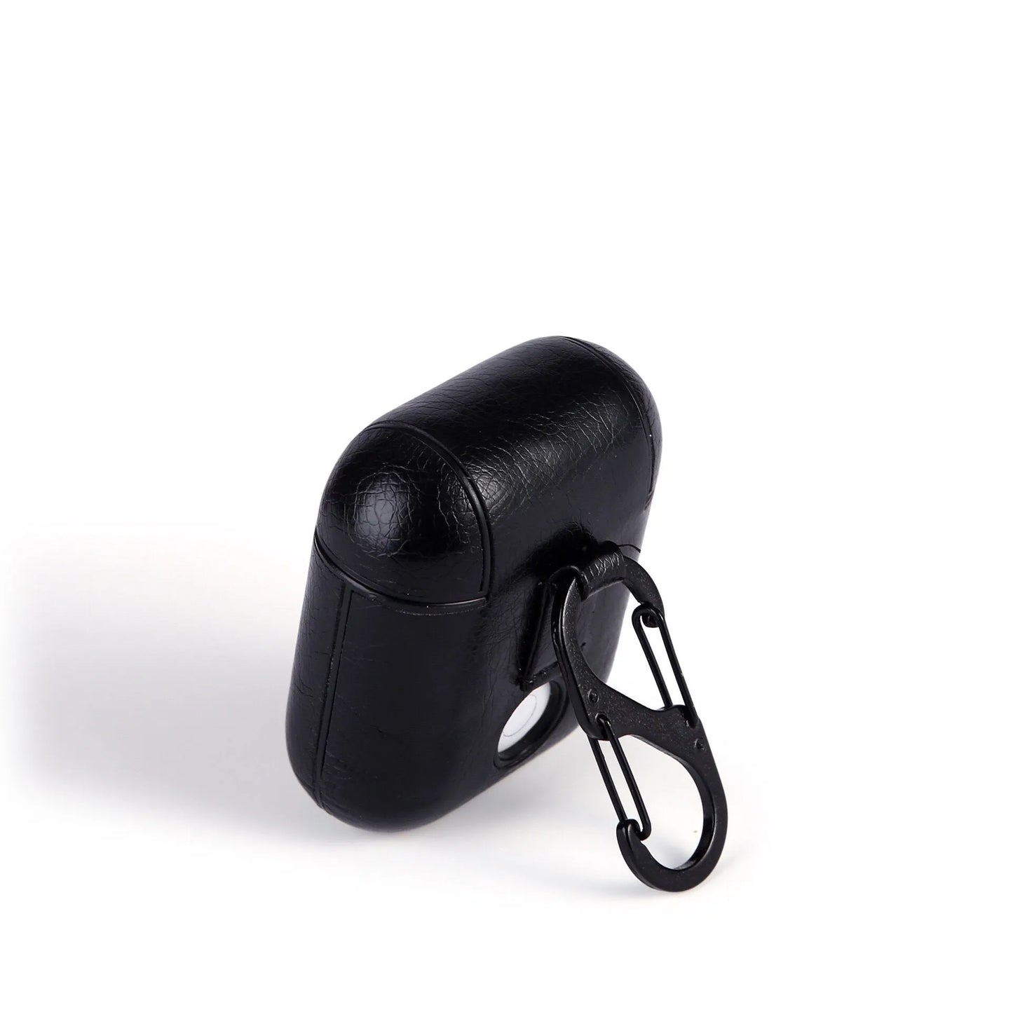 Genuine leather AirPods protective case in black with visible charging cable storage pocket