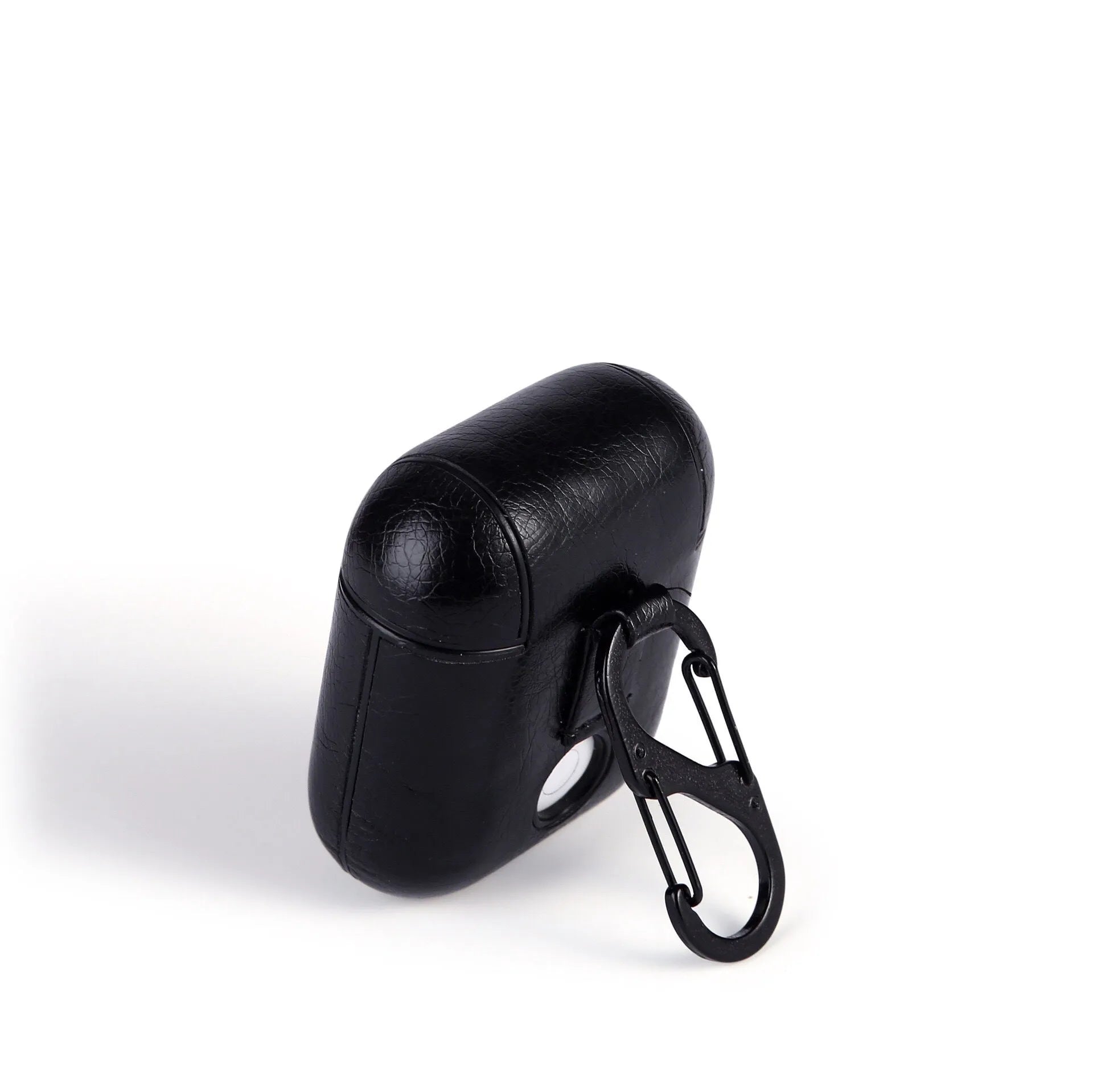 Genuine leather AirPods protective case in black with visible charging cable storage pocket
