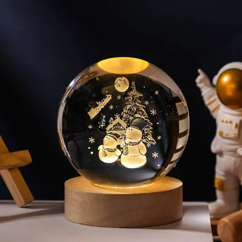 Crystal ball night light projecting 3D starry sky and planets with solid wood base
