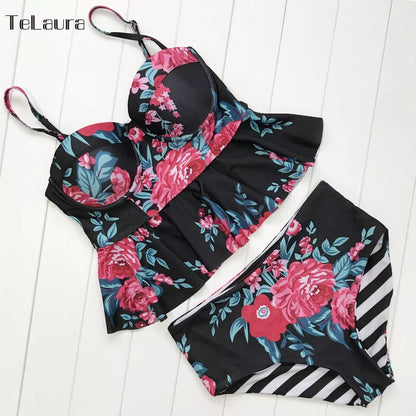 Women's floral high waisted push up bikini in vibrant colors, perfect for beach outings.
